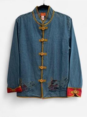 hearts of palm Blue Denim Mandarin Collar Jacket with Gold Trim